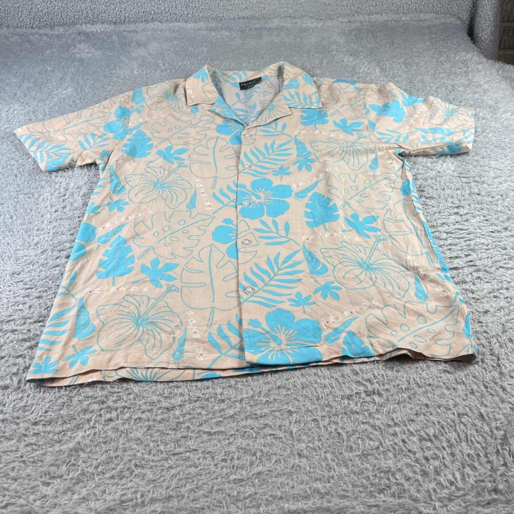 Friends TV Show Hawaiian Shirt Mens Large Tan Blue Tropical Floral CultureFly L